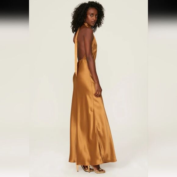 Something Navy Orange Halter Satin Gown Size XS - Picture 2 of 11